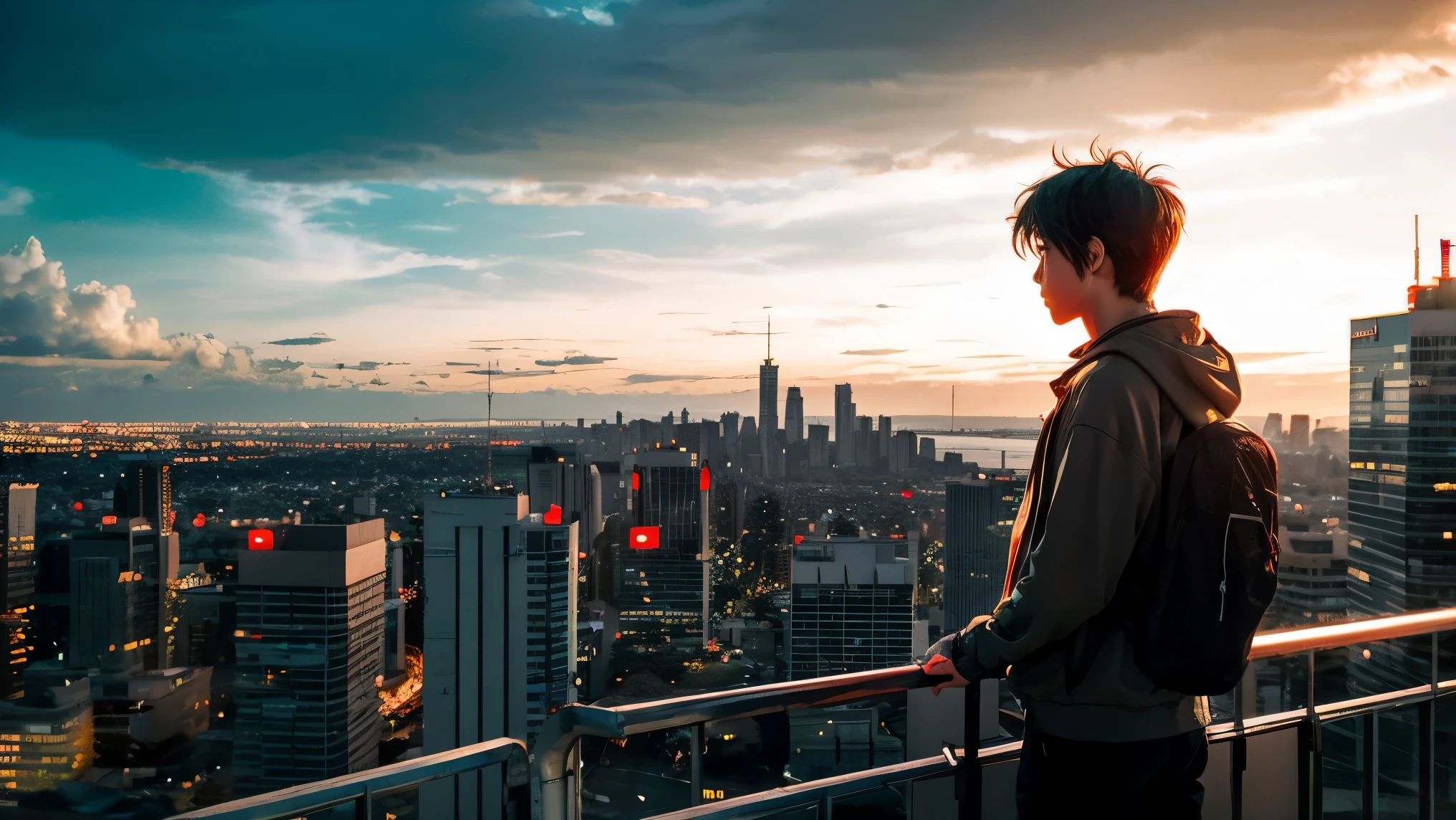 Anime boy standing on a ledge overlooking the night city, HD anime cityscape, By Yuumei, Approaching the city, Tokyo Anime Scene, Distant City of Fire, Explosives, author:Cyril Rolland, Ultra HD Anime Wallpaper, Awesome Wallpapers, Beautiful anime scene, Overlooking the modern city