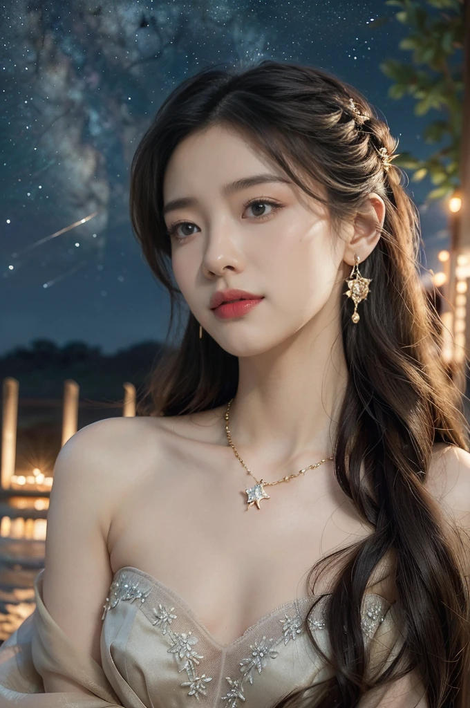 (((best quality))),(((ultra detailed))),(((masterpiece))),illustration,((1 beautiful girl,solo)),(shoulder length straight hair:1.2),((earrings,necklace)),((slim,thin)),((small ,flat chest)),(strapless gorgeous sheer red bra:1.3),(standing:1.3),(on the stone arch bridge:1.3),((starry sky,the Milky Way,horizon)),elegance, grace, sophisticated updo, delicate hairpins, twinkliars, radiant smile, bright eyes, wonder, beauty of the night sky, intricate patterns, flowers, birds, vibrant colors, ethereal, enchanting, old bridge, weathered, sturdy, natural surroundings, serene, peaceful atmosphere, rippling water, stars, graceful silhouette, magic, tranquility, twinkling stmesmerizing canopy of light, cool air, crisp, faint scent of blooming flowers, contemplation, admiration, ancient China, timeless, rich culture, traditions, captivating, enchanting atmosphere, myth, legend,((from front,close-up of face))