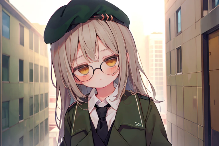 (highest quality，masterpiece:1.3)，((1 cute girl:1.2))，(10 years old:1.2),expressive 目s, Perfect Face，Brown eyes，dark green beret,White hair,long ahoge,Round Glasses Black，retro city background,Brown tie,brown skirt,Dark green jacket,Low Perspective，Wet shirt，amount, open amount