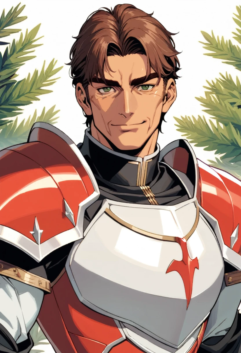 1father, veteran knight, muscular mature, parted bangs, 40yo, brown hair, evergreen eyes, thick brown eyebrow, sanpaku, tanned skin, small eyes, short hair male, facial wrinkles, ideal ratio body proportions, ordinaly, BREAK solo, red full plate armor, soft smile, upperlegs focus, 1980s, visual novel, extreme all detailed, masterpiece, best quality