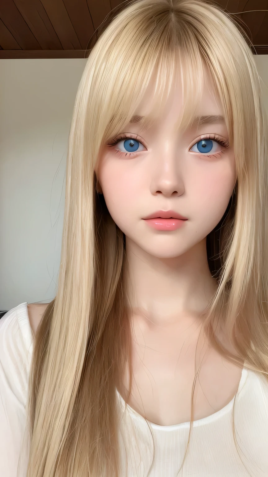 clear shiny skin、13 years old cute sexy little beautiful face、very large and beautiful bright pale sky blue eyes、Very big eyes、Straight long hair that shines in the light、Long, silky bangs that cover her cute eyes、Sexy face hiding hair、Too long hair、sexy cute young beautiful girl、Super long natural young blonde hair with sparkling light highlights Blonde hair above the eyes Blonde hair above one eye、Blonde hair between the eyes、Cheek gloss highlighter