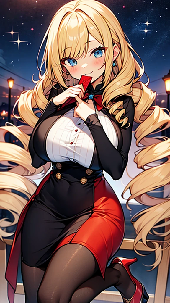 Amazing volume of blonde hair、Long drill hair、Big Breasts、Red evening dresini skirt、Dark black pantyhose、Red High Heels、Holding a fan 、smile, hyper cute girl,starry night sky,