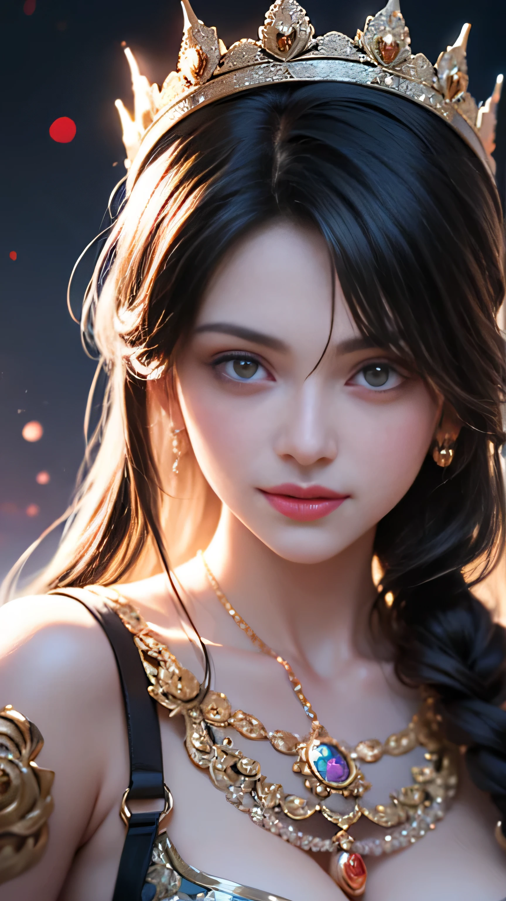 Highest quality, Best image quality, RAW Photos, Realistic, Photorealistic, Very detailed and beautiful, Best details, One Girl, good looking, Beautiful white skin and glow, Beautiful eyes are big and bright, Small mouth and thin lips, Long black hair blowing in the wind, Stylish and slim, (Beautiful big boobs:1.3), She has a bright personality and a cute smile......, Natural Makeup, Pearl Pink Lips, (Medieval Fantasy Dress、Crown) Portrait of a pretty girl, A beautiful girl illuminated by rainbow lights, Iridescent colors,