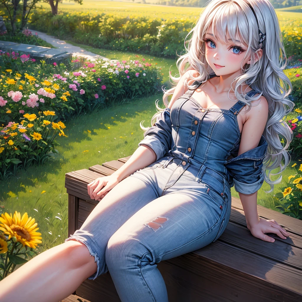 1girl, extremely detailed, high quality, masterpiece, 8k, ultra-detailed, photorealistic, photo-realistic, physically-based rendering, sharp focus, vivid colors, beautiful detailed eyes, beautiful detailed lips, long eyelashes, small nose, cute expression, smiling, wavy short hair, white shirt, jeans, sitting in a field of flowers, sunlight, shallow depth of field, warm color tone