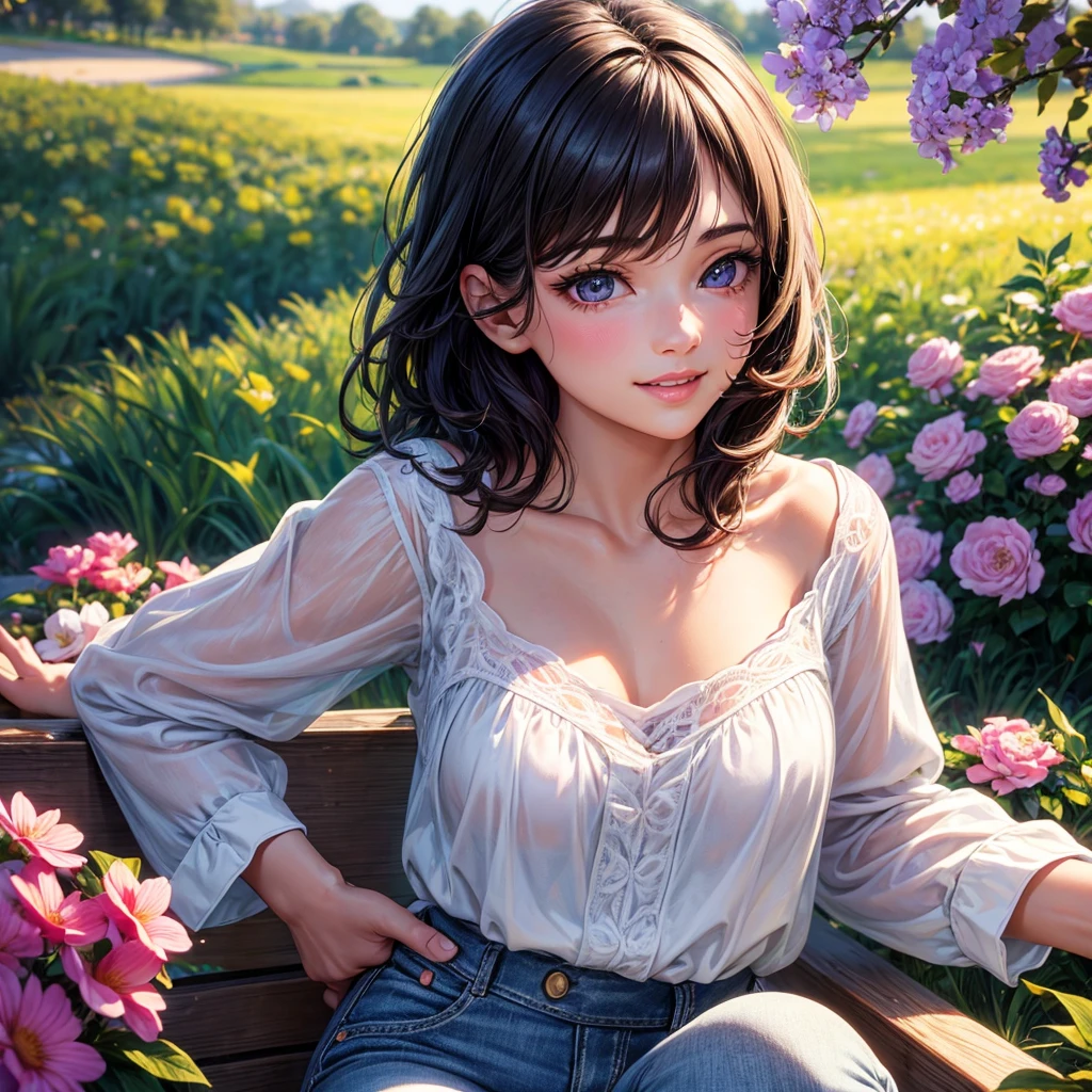 1girl, extremely detailed, high quality, masterpiece, 8k, ultra-detailed, photorealistic, photo-realistic, physically-based rendering, sharp focus, vivid colors, beautiful detailed eyes, beautiful detailed lips, long eyelashes, small nose, cute expression, smiling, wavy short hair, white shirt, jeans, sitting in a field of flowers, sunlight, shallow depth of field, warm color tone