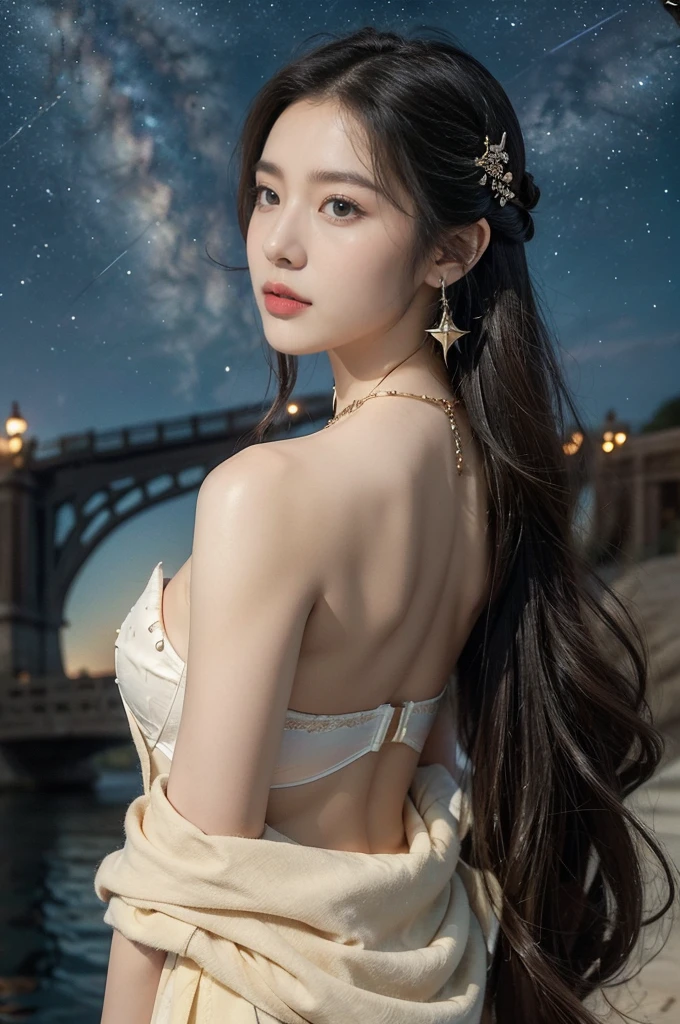 (((best quality))),(((ultra detailed))),(((masterpiece))),illustration,((1 beautiful girl,solo)),(shoulder length straight hair:1.2),((earrings,necklace)),((slim,thin)),(((bare back))),(strapless gorgeous sheer red bra:1.3),(standing:1.3),(on the stone arch bridge:1.3),((starry sky,the Milky Way,horizon)),elegance, grace, sophisticated updo, delicate hairpins, twinkling stars, radiant smile, bright eyes, wonder, beauty of the night sky, intricate patterns, flowers, birds, vibrant colors, ethereal, enchanting, old bridge, weathered, sturdy, natural surroundings, serene, peaceful atmosphere, rippling water, stars, graceful silhouette, magic, tranquility, twinkling stars, mesmerizing canopy of light, cool air, crisp, faint scent of blooming flowers, contemplation, admiration, ancient China, timeless, rich culture, traditions, captivating, enchanting atmosphere, myth, legend,((from back,close-up of face))