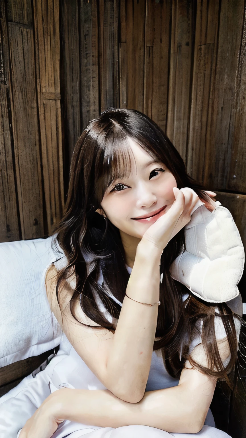 A woman in her fifties holding a pillow in front of her face, Leaning on the pillow, A kind smile, young asian girl, a Cute young woman, Young Asian Woman, a Young Asian Woman, Portrait of a Japan teenager, Chiho, Lying on a pillow, Long haired asian girl, 温かくA kind smile, Cute young woman, Smiling expression