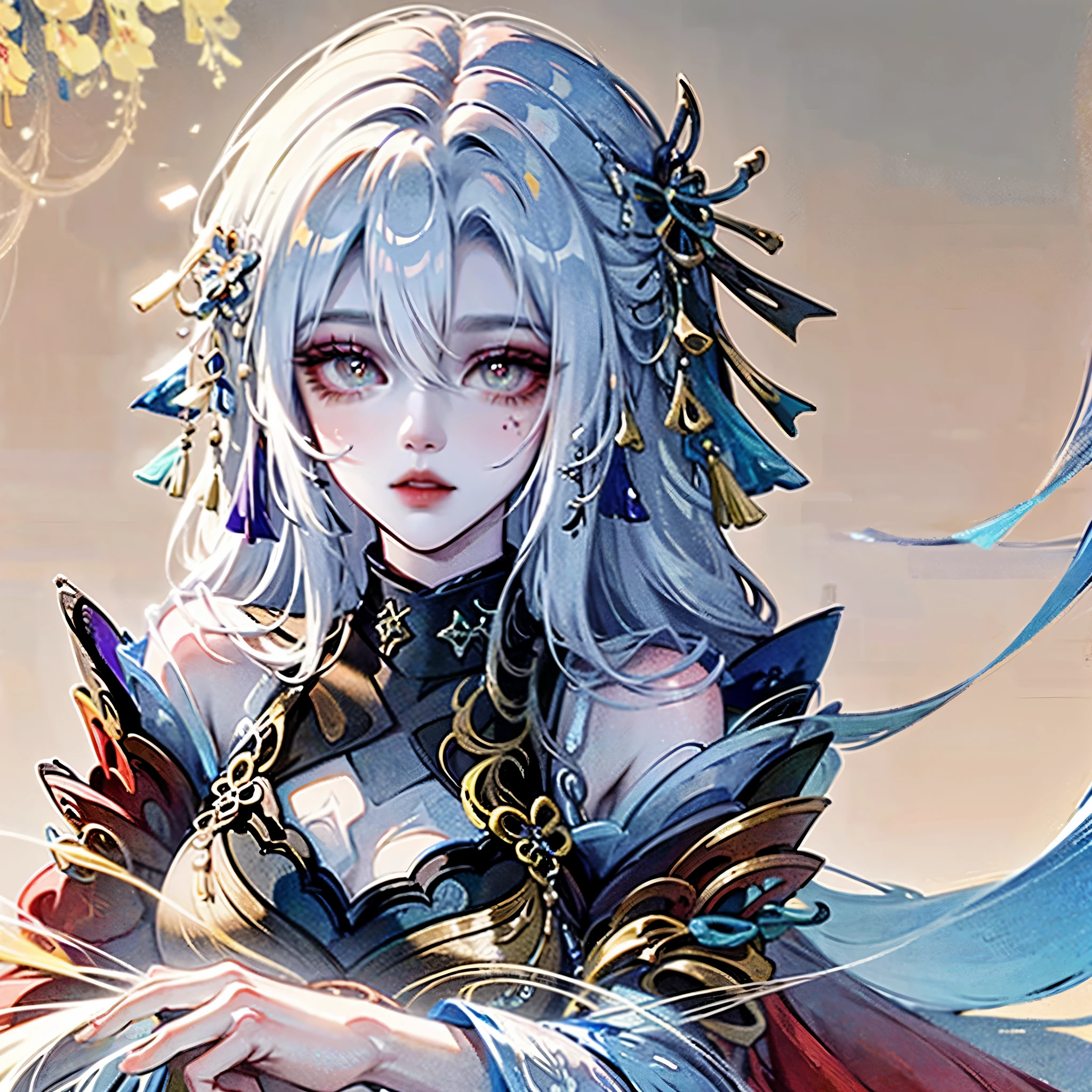 Tidal Games,Lex Ray, Color hair, wind, 飞舞的flower瓣, Stained glass, decorate, Intricate details, dufkova, 2D, Line Art, watercolor, ink watercolor, 随机颜Color hair, Extra long hair, Wavy, 1 Girl,alraune,flower, alraune,