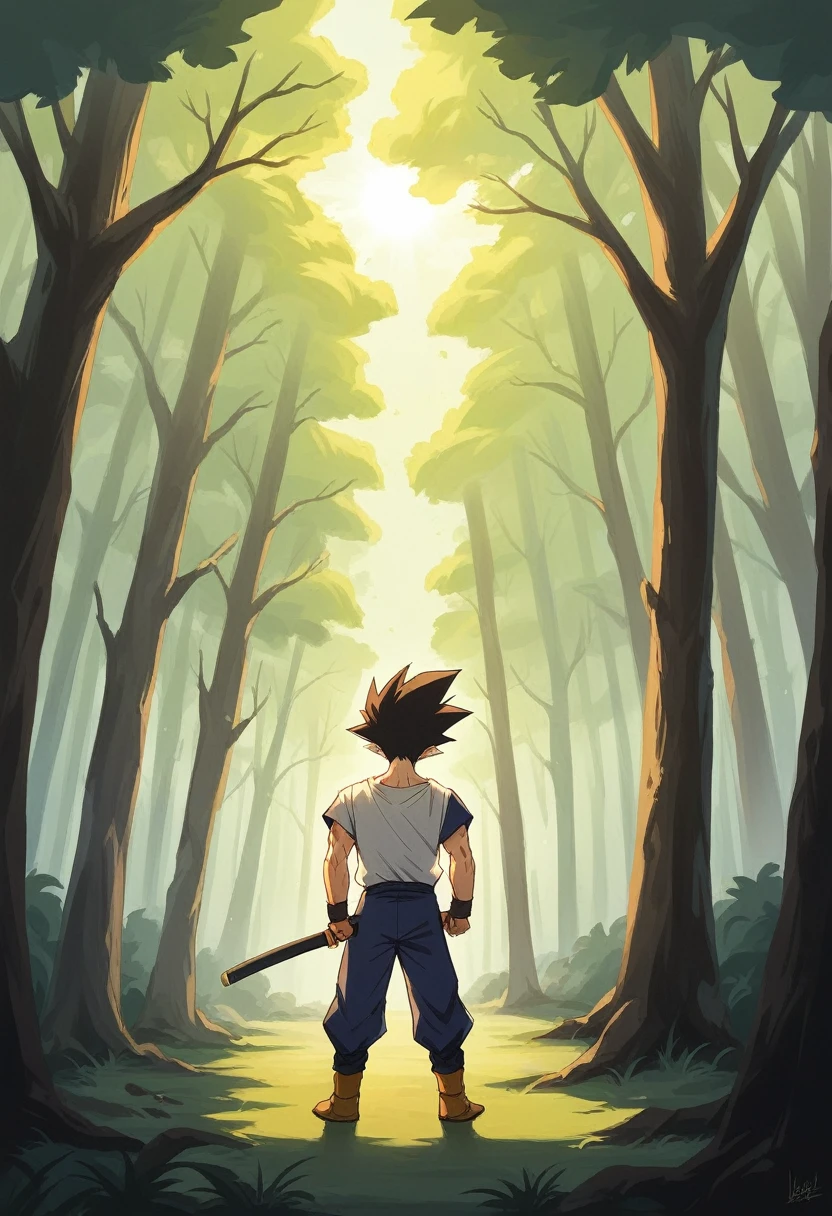 dark theme in insta oil in 32k full hd high quality, trunks dragon ball holding a black bladed katana with a golden handle, in a forest of dark trees, with a few rays of sun passing through the trees, she is hurt, and she has black flames as her greatest power around him, em estilo manga death note