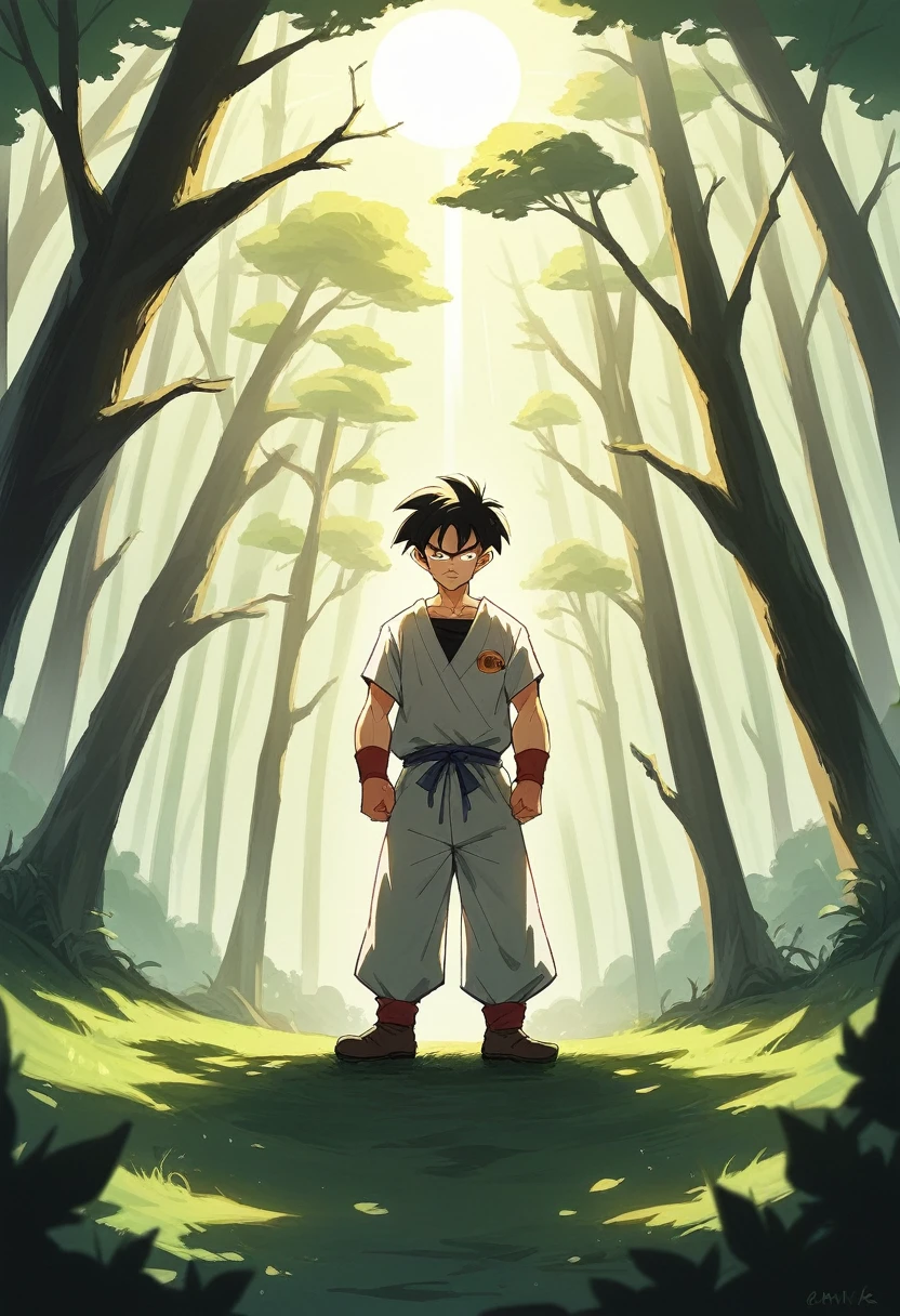 dark theme in insta oil in 32k full hd high quality, trunks dragon ball holding a black bladed katana with a golden handle, in a forest of dark trees, with a few rays of sun passing through the trees, she is hurt, and she has black flames as her greatest power around him, em estilo manga death note