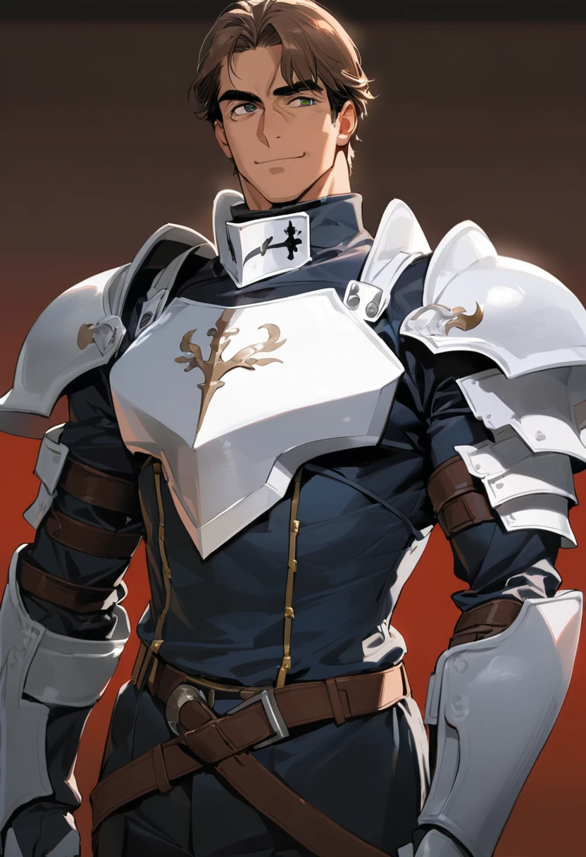 1man, veteran knight, muscular mature, parted bangs, 40yo, brown hair, evergreen eyes, thick brown eyebrow, sanpaku, tanned skin, small eyes, short hair male, facial wrinkles, ideal ratio body proportions, ordinaly, BREAK solo, red full plate armor, soft smile, upperlegs focus, 1980s, visual novel, extreme all detailed, masterpiece, best quality