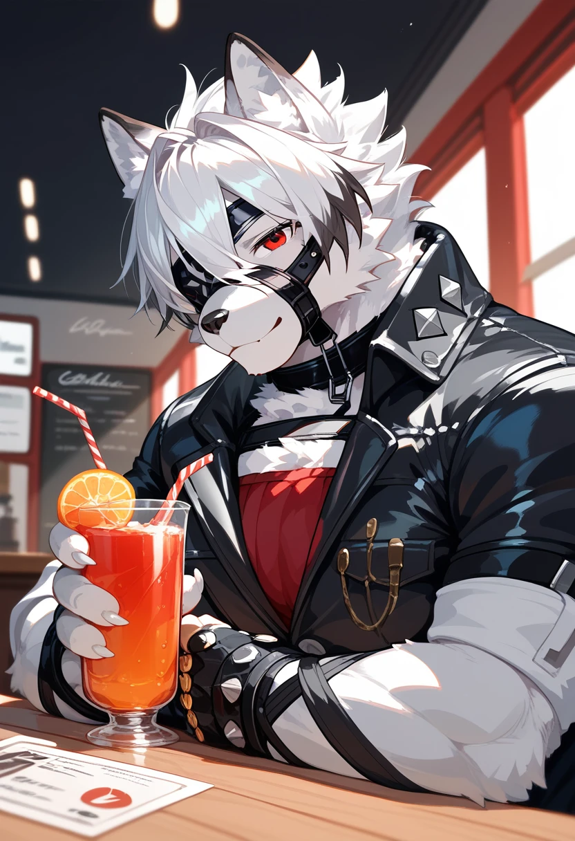 Highest quality, Highest quality, High quality illustrations, masterpiece, Ultra-high resolution, Detailed Background, Absurd, Perfect Anatomy, performance, Good lighting, Cafe, Shadows in the movies(kemono, Furry Personifi猫ion), by lycaon, Wolf, male, Muscle Body, Rubber Suit, latex, Eyepatch on right eye, Harness, rubber jacket, Red eyes, Serve drinks, cyber punk, null bulge, smile, Dynamic Angle