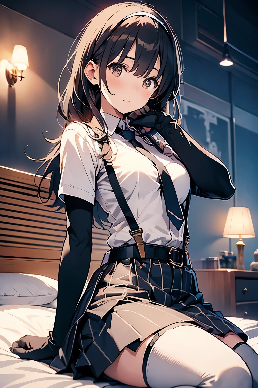 1 female, , high quality, masterpiece, Ultra-high resolution, , Cinema Lighting, , , And the suspenders with the cranes flying Moderate breasts Large Breasts Small face holster Lying in bed Looking up Sweat belt summer 脇Sweat Black Hole Gloves suit garterbelt Leg Links ズボンにbelt holster Hands behind your back Anxious expression Looking up Anxious face Knee-high Knee socks Knee-highソックス garterbelt garter ふとももにgarterbelt Checkered mini skirt Necktie Headband ribbon