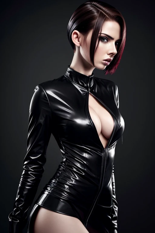 Gorgeous european woman with short hair, wet hair, hair slicked back, combed straight back, slick hair, streaked black hair, seductive pose, karen gillan, dressed as a sexy anime cosplay character, cleavage, solid dark grey background