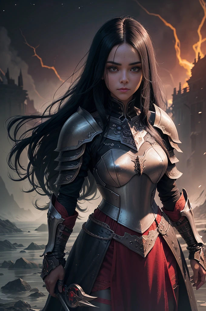 a woman with black hair and eyes, dressed in macabre armor with details of human bones, beautiful female paladin with long hair, night sky, red mist, river of blood, battlefield, icy gaze;
