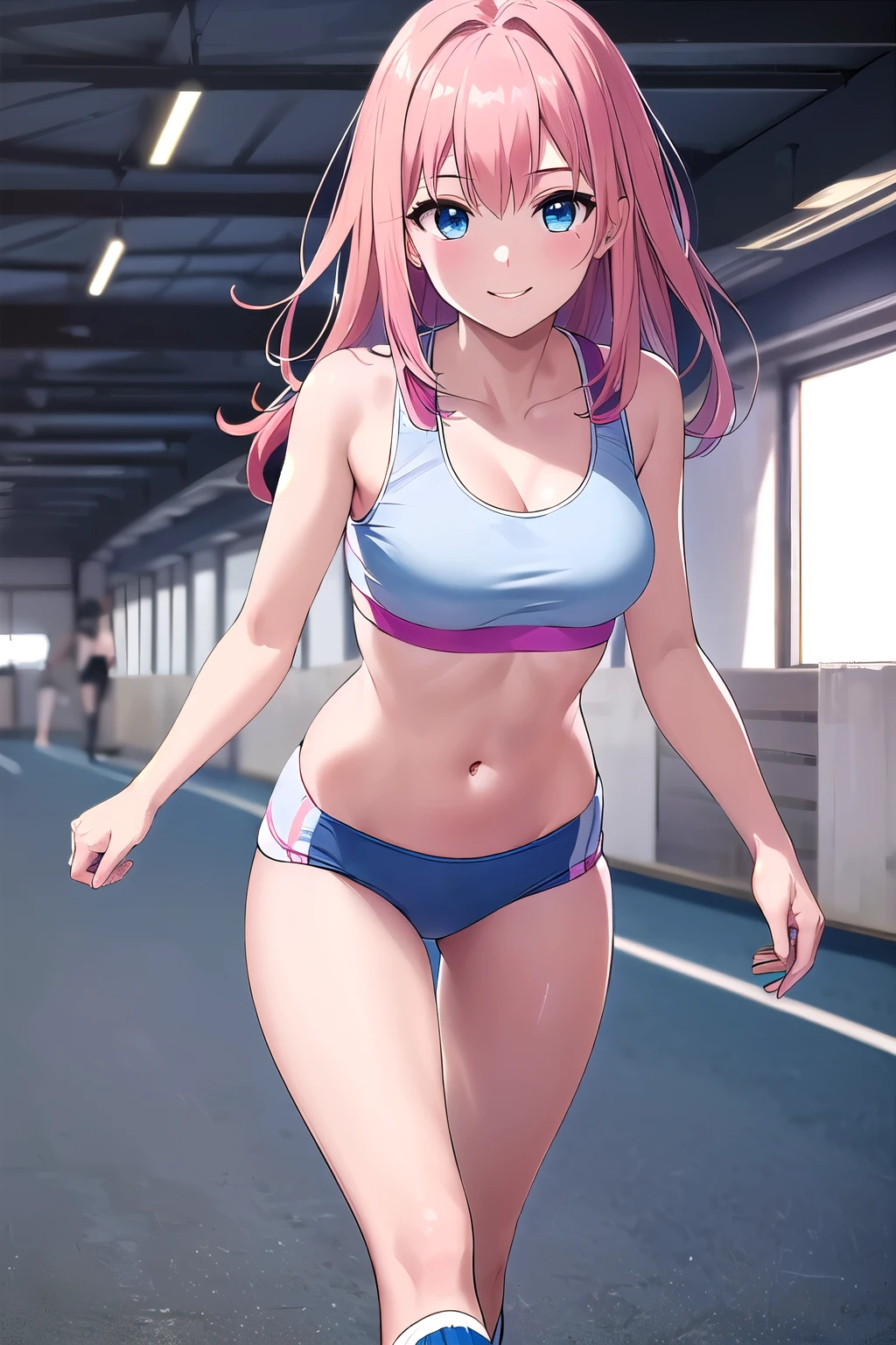 (8K, top-quality, masterpiece:1.2), (reallistic, Photorealsitic:1.37), Super Detail, One girl,), (Highly detailed), (beautifully detailed eyes), (of the highest quality), (super detailed ), (masterpiece), (Detailed face),20yr old, ,1 girl, ((pink hair,long hair)), medium breasts, clothed, Perfect Lighting, BREAK (blue buruma:1.5), (sports bra, fuchsia:1.4), (white quarter socks:1.2), BRAKE (upperbody to thigh:1.3), (smile:1.2), (looking at viewer:1.1), (running:1.2), (white background:1.1), (dramatic lighting:1.1), BRAKE
