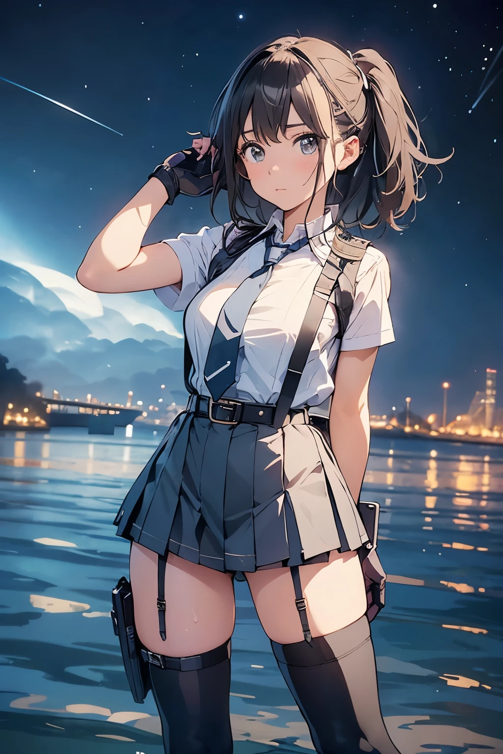 1 female, , high quality, masterpiece, Ultra-high resolution, , Cinema Lighting, , , And the suspenders with the cranes flying Moderate breasts Large Breasts Small face holster Lying in bed Looking up Sweat belt summer 脇Sweat Black Hole Gloves suit garterbelt Leg Links ズボンにbelt holster Hands behind your back Anxious expression Looking up Anxious face Knee-high Knee socks Knee-highソックス garterbelt garter ふとももにgarterbelt Checkered mini skirt Necktie Headband ribbon