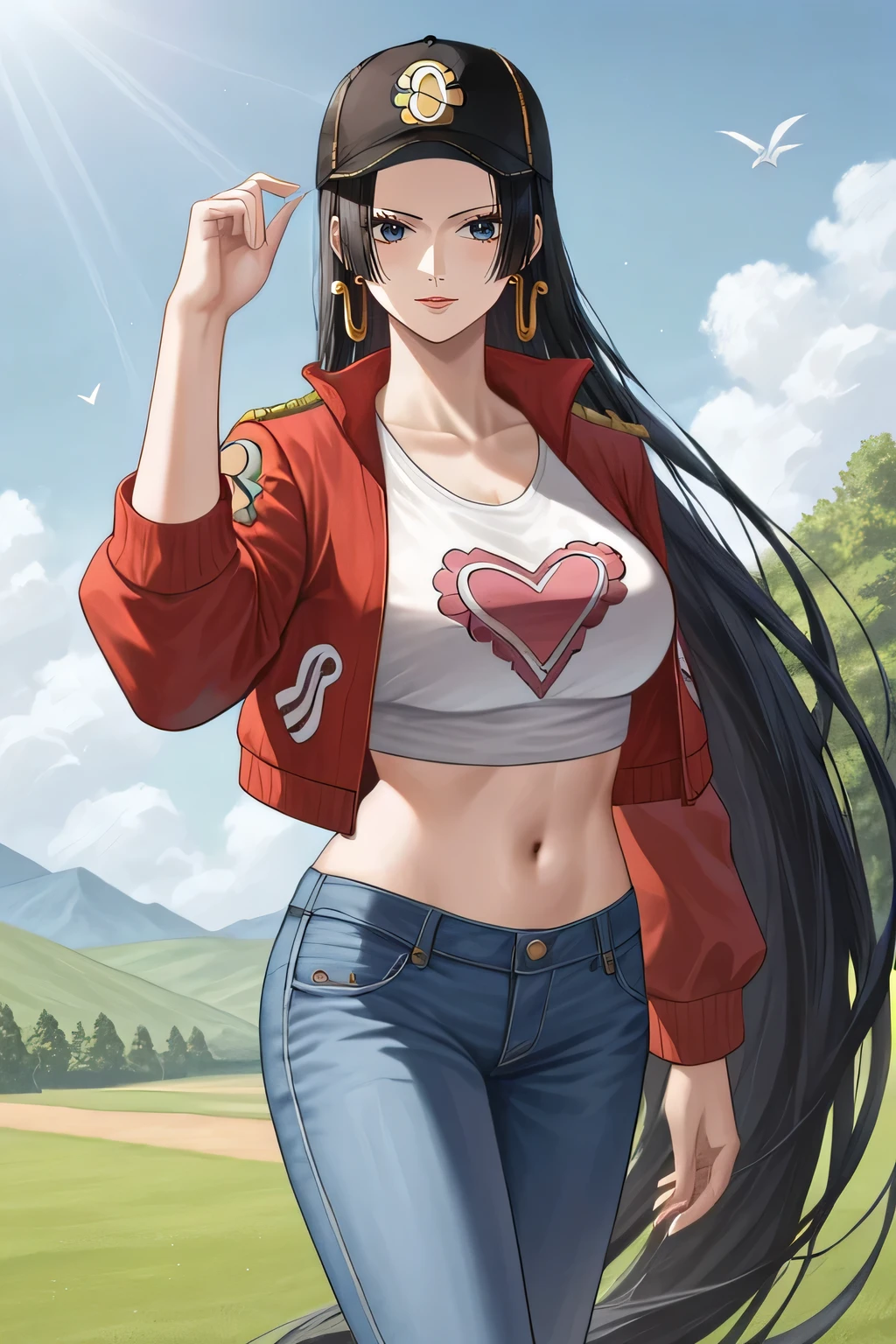 source_anime,score_9,score_8_up, score_7_up, 1girl,solo,outdoors,one piece, mature woman, boa hancock, long hair, very long hair, black hair, shinny hair, baseball hat, jacket, bomber jacket, denim, pencil denim, shirt, crop top, navel, collarbone, black hat,