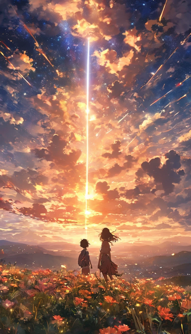 masterpiece, Concept Art, Panorama, figure, Wide Shot, One girl, Are standing, cliff, Flower Field, night, (Meteors), Space galaxy background, (A magnificent composition, Epic proportions), Dynamic Lighting, Bright colors, Makoto Shinkai, Your name was inspired,