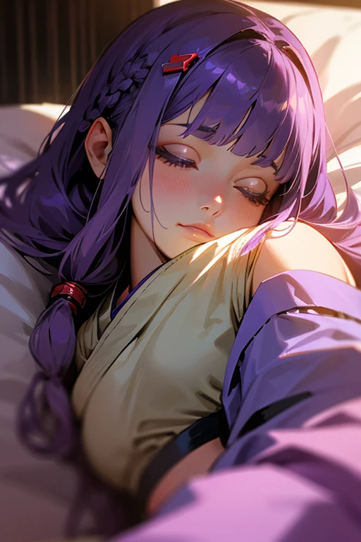 1 girl, Blunt bangs, Braiding, Wide sleeves, hair ornaments,Obi says, (Purple Hair:1.2), Very long hair, Straight hair, Looking at the audience, Highly detailed background, (Realistic:1.2), Beautiful Eyes, Red eyeshadow, Written boundary depth，thigh, (Urzan-6500:0.7), Upper Body, (alone:1.2), (Cyberpunk City:1.1), Cleavage,,Glowing Skin、(Navel exposed).((Face close-up))、((Sleeping in bed)).