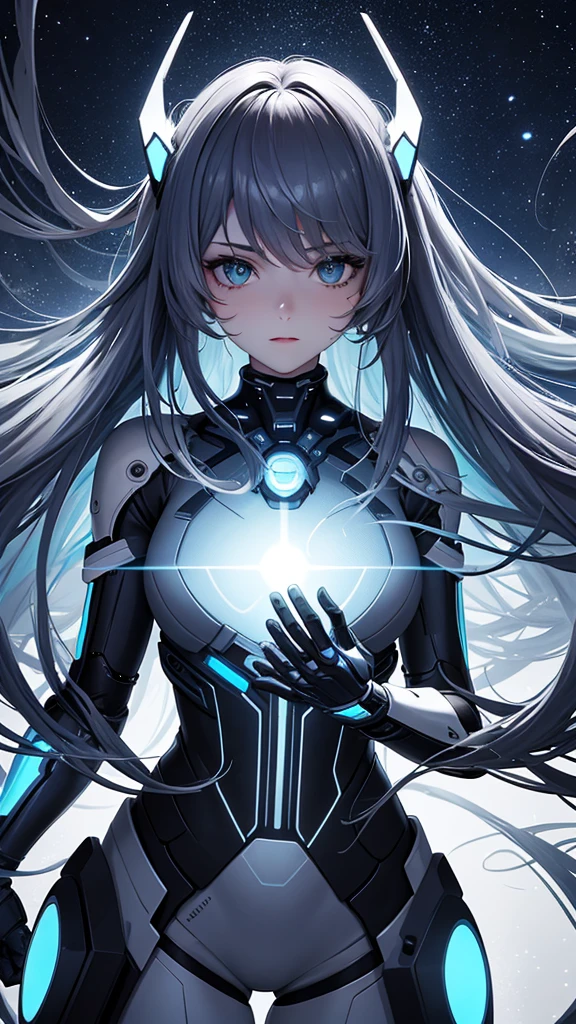 Generate an image of a beautiful futuristic cybernetic girl with hair composed of glowing strands resembling neural networks. The setting features a dramatic night sky backdrop, enhancing the futuristic theme. The artwork should embody a sense of futurism and ultra-high definition, capturing super detailed textures and the highest quality visual elements in 8k resolution. The integration of the night sky should add a sense of mystery and depth, complementing the advanced technological theme.