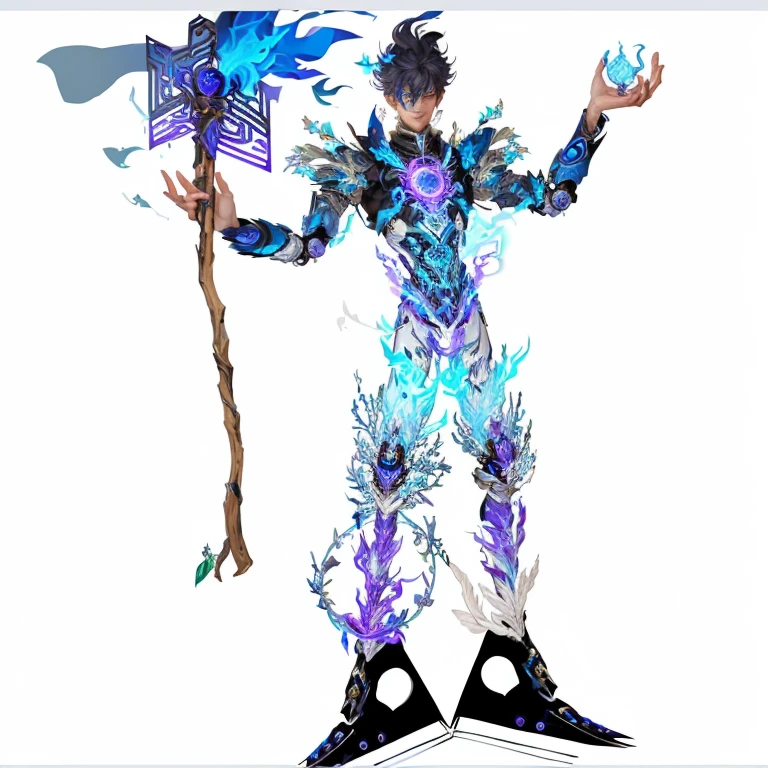 Cartoon illustration of a man holding a stick and blue flame, detailed Whole body concept, Complete portrait of the Electric Mage, Portrait of digital shaman, Whole body concept, Full body details are very rich, complex fantasy characters, Psychedelic organic robot, Slender Man Fantasy Alchemist, Merge characters, Anime robot mixed with organic, Mecha style greek god, Elemental guardian of life