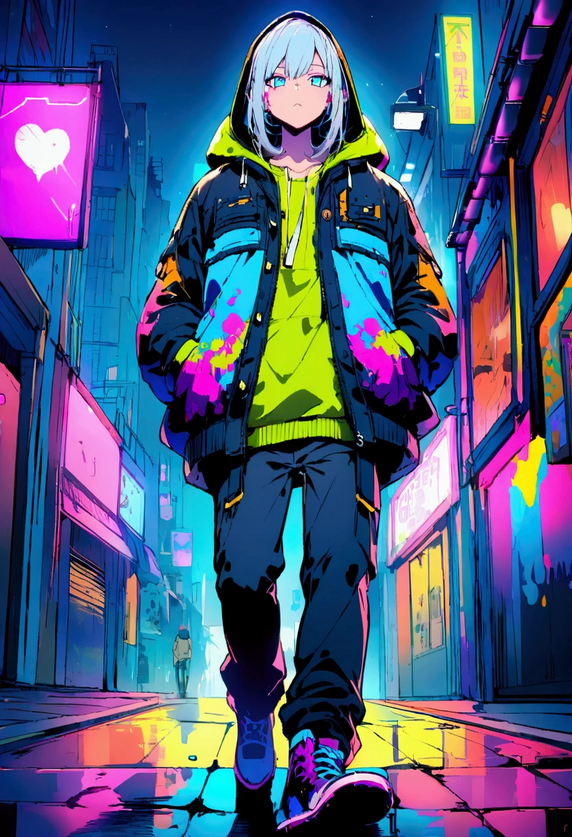 **prompt:**
future city night、Colorful neon lights illuminate the cityscape in the background、A man wearing a hooded jacket is walking。His costume incorporates cyberpunk elements..、Blue and black jeans、He's wearing a jacket with graffiti-style paint on it..。Buildings and street lamps in the background、Covered in colorful paint and graffiti、The overall atmosphere is cyberpunk..。