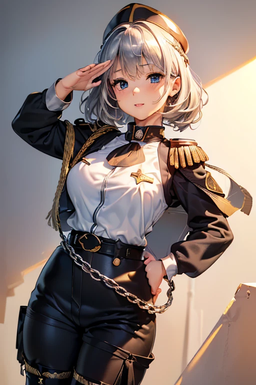 #基本 
A girl is posing for a photo, ((One Girl)), (((Baby Face:1.2)) + ((cute:1.3))), 
#A girl is posing for a photo, ((One Girl)), (((Baby Face)) + ((cute)) + ************), 
break 

#Clothing Accessories 
((Black Officer Uniform:1.4) : uniform + (Rank badge on chest) + Epaulettes + (Decorate mood) + (Tight fitting through the waist) + (White belt with shiny gold metal buckle) + ((Gold border)) + ((Black long straight pants:1.4)) + (Army Caps)), (loafers), 
Gold hoop earrings, 
break 

#Features 
((Silver Hair:1.4)), (Shoulder-length horizontal hair:1.4), (Twin tails : Short Hair + Curly hair + Fuller Hair + Hair curled outside + Red string ribbon),  
((Droopy eyes), blue eyes, (Big eyes:1.2)), (Very small breasts), 
break 

#background environment 
(noon, (A garrison in the sunlight, Military port, I can see the aircraft carrier)), 
#Facial Expression Pose 
((smile), (Full of confidence々It is said that, Strong presence, (salute)), 
#composition 
(To the camera, (Focus from the front), (Cowboy Shot)),  
break 

#Body parts elements 
(Slim figure), 
(Detailed Hair, Beautiful Hair, Shiny Hair), 
(double eyelid, Long eyelashes), 
(Expression of fine eyes, Beautiful and delicate eyes, Sparkling eyes, Eye Reflexes, Glitter Eyeliner), 
(Human Ear), 
(Beautiful Nose, Thin Nose), 
(Glossy Lips, Beautiful Lips, Thick lips, Glossy Lips, Natural Cheeks), 
(Detailed face, Symmetrical facial features), 
(Detailed skin, Textured skin, Beautiful Skin, Glowing Skin), 
break 

#Quality Image Quality Common 
(((Highest quality)), ((masterpiece)), ((Very detailed))), ((Ultra-high resolution)), ((16K, 1080P)), ((FHD)), 
(Anatomically correct), (Realistic), (3DCG), 

#Quality image illustration 
((comics, anime)), CG illustration, 
