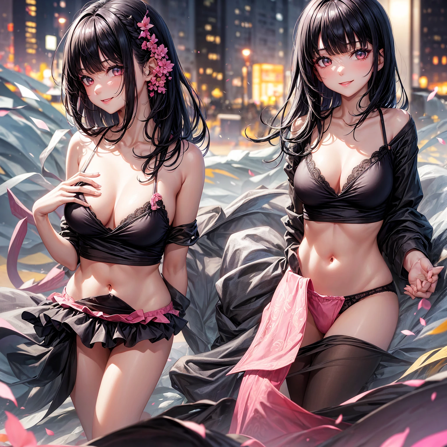 Face Focus, Portraiture, Glowing black eyes, Feminine style, One Girl, asymmetrical bangs, bangs, Black Hair, goodid, good, looking at the camera, smile, night, city, Bob Hair, abdomen, Red lips, shirt, alone, Are standing, goodid, Upper Body, underwear, pink underwear, Perfect body line, beautiful kubire, beautiful, Mischievous face