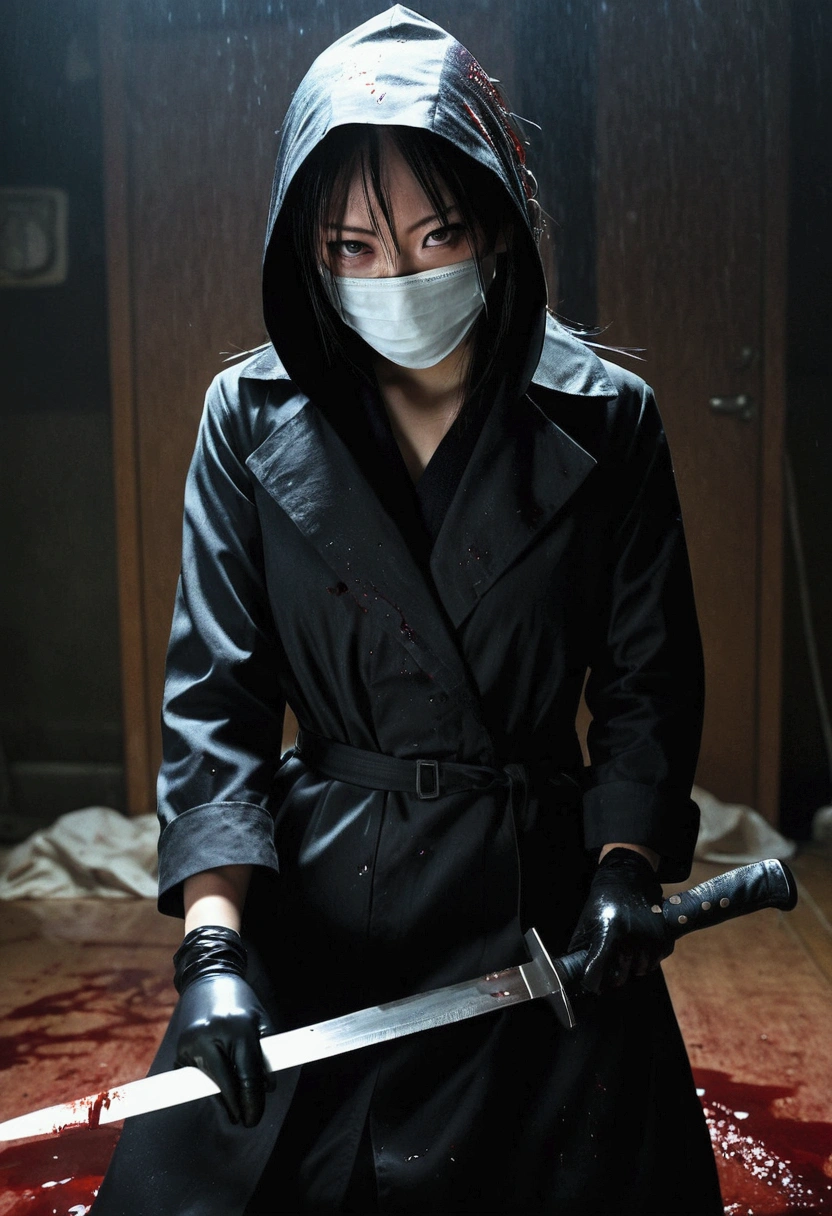 japanese girl, (behind corpse, surgical mask), holding knife, stabbing, black gloves, room full of blood, black trench coat, hood up, holding knife, black gloves, behind corpse, blood splatter, pony tail, black wet suit, night, mass murderer, robbery, dark atmosphere, cinematic lighting, atmospheric realistic,