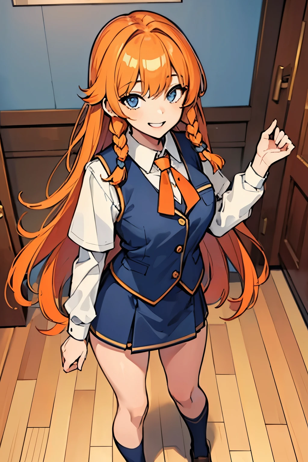 masterpiece, best quality, highres, 1girl, uniform, close up, tall, smiling widely, standing, looking up, orange hair, ginger, long hair, braids, bangs, blue eyes, vest, covered legs, long socks, apartment background