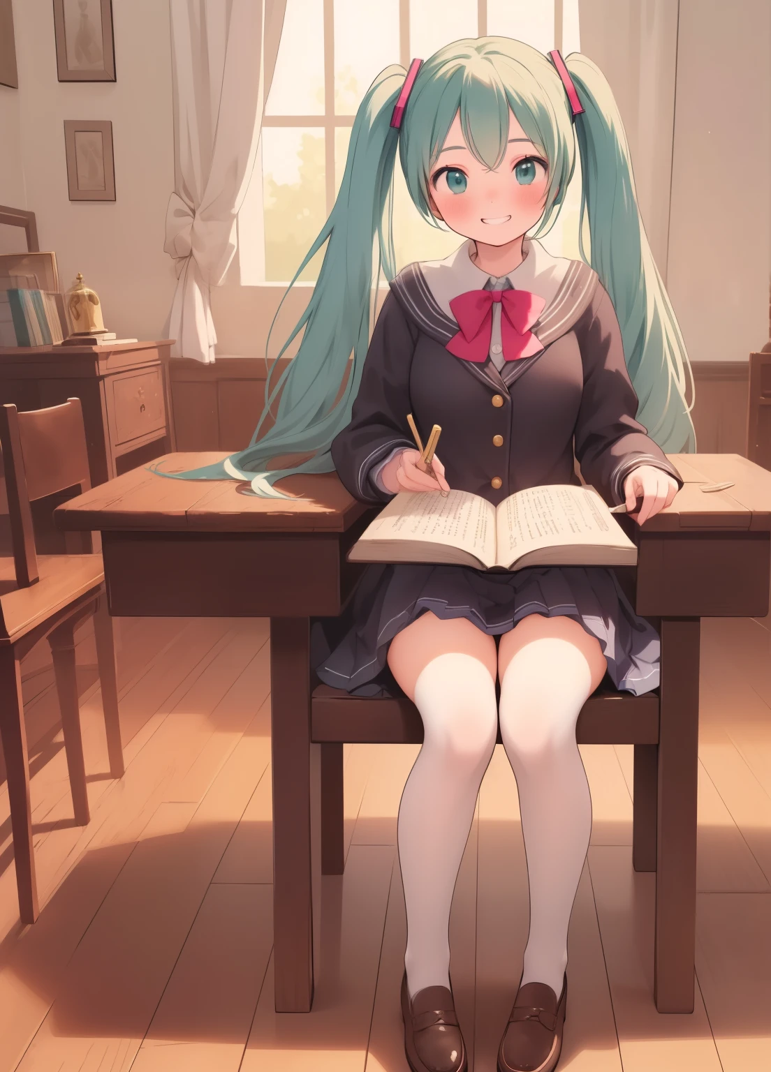 (masterpiece、Highest quality、Highest quality、Official Art、Beautiful and beautiful:1.2)、(One girl:1.3)Hatsune Miku、Twin tails,Beautiful breasts, daughter , Hair Gold , 12 years old , Grin , In the medieval classroom , Brown Shoes , White Stockings, Swollen breasts, Reading a book, Sitting on the floor