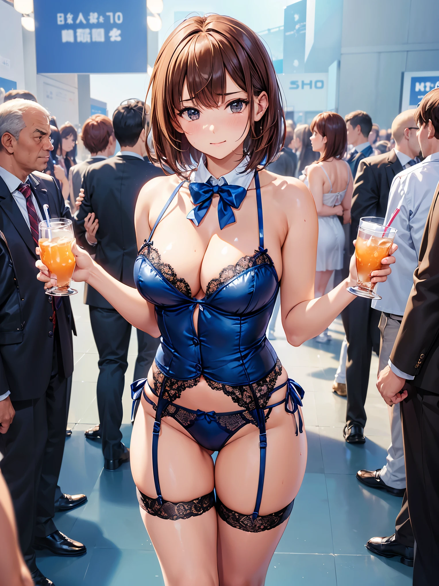 (((masterpiece, Highest quality, High resolution, 超High resolution, Perfect Pixel, Depth of written boundary, 4K, RTTX 10.0))), Beautiful Anime Woman, Beautiful art style, Anime characters, ((Smooth texture, Realistic texture, Anime CG Style)), Perfect and accurate finger count、Exact number of legs、(Exact number of arms:1.0, Exact number of hands:1.0), (Perfect hands, Perfect Anatomy), Cinematic, Realistic, Extremely detailed CG, Daytime lighting, Perfect lighting, Best Shadow, The best natural light, whole body, Perfect body, バランのとれたPerfect body, Perfectly balanced style, Slender body, ((bangs, Reddish brown hair, Bobcut)), ((A cute adult woman is carrying a drink in her hands:1.8)), ((Bow tie around neck:1.3), (Sexy and cute blue underwear:1.3), (Stylish shiny blue satin panties, Side-tie panties, Panties with plain blue center and lace decoration on the sides:1.3), (Thin panties:1.3), (Blue micro lace satin bra, Blue bra with lace trim, Thin bra:1.3), (lace garter belt, Garter Strings, Knee socks:1.3):1.3), (Beautiful big , Cleavage:1.1), (Embarrassed expression:1.7), blush, (Adult Events, Makuhari Messe, Many visitors in the background, A crowded venue, Many men surrounding a woman, The attention of the men around her:1.7), naked, In underwear, パンティとブラとガーターベルトとKnee socksだけ, Angle from the front