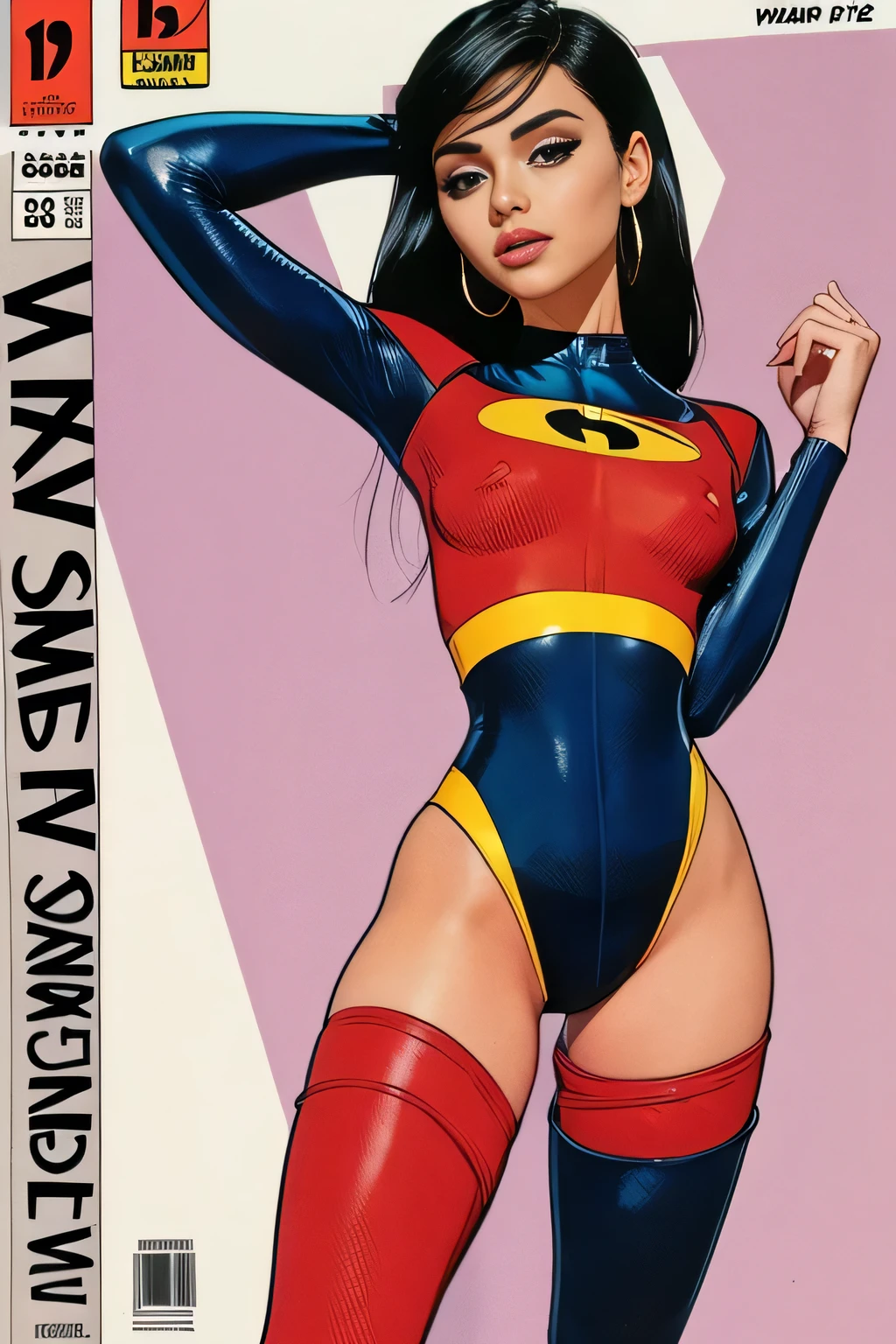 Sexy comics, 1980 comics style, very tight costume, revealing curves of her body, narrow waist, wide hips, thigh gap, cameltoe:1.3