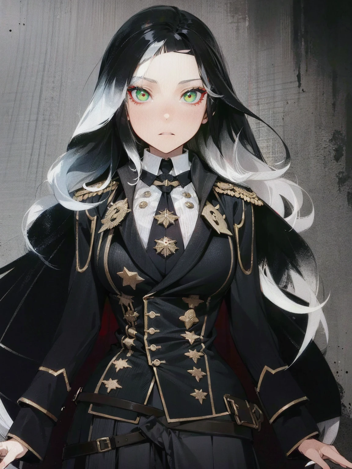 a millitary general with black and white hair, a red and green clockwork eyes. Noooo bangs on her face