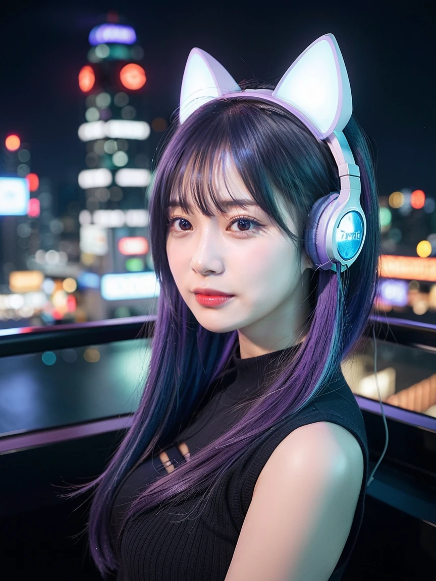 最high quality, masterpiece, 32K、Very detailed、Realistic、1 girl, Japanese women、Cute Face, (photo Actual:1.3),Bob Hair(Blue-violet hair color、Amazing blue and purple hairstyles)、Edge lighting, (Skin with attention to detail:1.2), 8k超High resolution, Single-lens reflex camera, high quality, High resolution, 4K, 8k, Optimal ratio of four fingers to one thumb, (Actual:1.3), cute 1 girl, Realistic、Super Realistic、32K、Very detailed、masterpiece, 最high quality, beautiful girl, beauty、Mecha, Beautiful lighting, (Neon Light:1.2), (night:1.5), K-Pop Idol Costumes、Sleeveless outfit、Shorts、Large Breasts(big 、There is a valley)、Cat ears microphone headphones(Headphones Gaming Headgear with Mic、Head Fan)、Are standing、Cyber Neon、Future City、Skyscraper、都会のnight、Shanghai、big cities、night景、綺麗なnight景