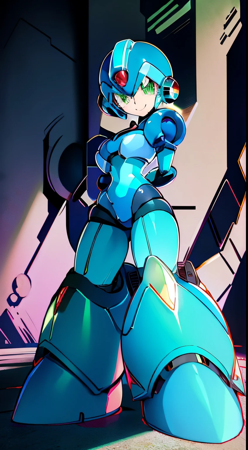 megaman x Girl, cute, Reploid, fullbody shot, extremely detailed, dinamic pose, Green eyes, long eyelashes, glowing lips, smile