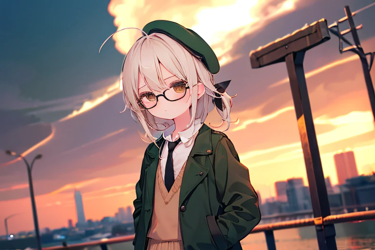 (highest quality,masterpiece:1.3),((1 cute girl:1.2)),(10 years old:1.2),expressive 目s, Perfect Face,Brown eyes,dark green beret,White hair,long ahoge,Round Glasses Black,retro city background,Brown tie,brown skirt,Dark green jacket,Low Perspective,Wet shirt,amount, open amount