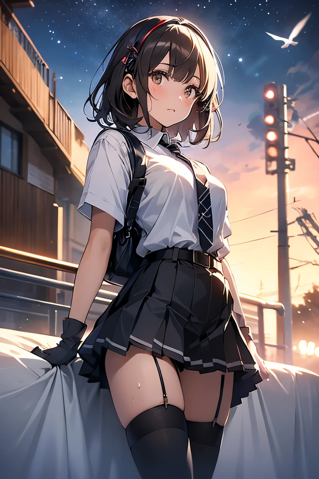 1 female, , high quality, masterpiece, Ultra-high resolution, , Cinema Lighting, , , And the suspenders with the cranes flying Moderate breasts Large Breasts Small face holster Lying in bed Looking up Sweat belt summer 脇Sweat Black Hole Gloves suit garterbelt Leg Links ズボンにbelt holster Hands behind your back Anxious expression Looking up Anxious face Knee-high Knee socks Knee-highソックス garterbelt garter ふとももにgarterbelt Checkered mini skirt Necktie Headband ribbon