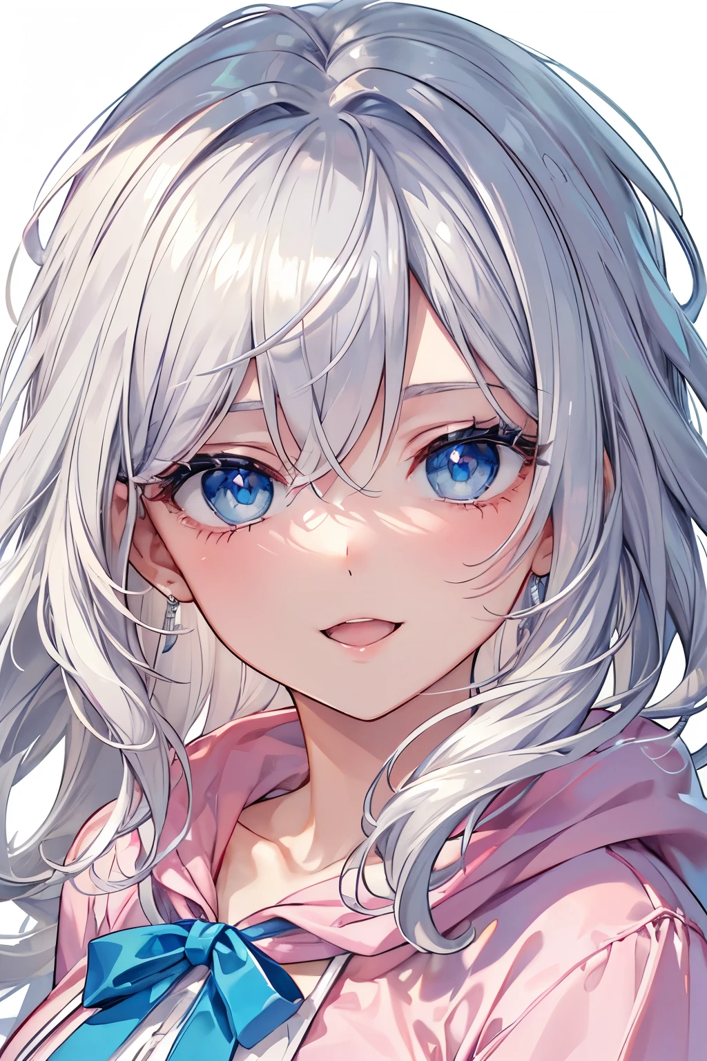 (Best quality,4K,8K,High resolution,Masterpiece:1.2),Super detailed,(Actual, Realistic),
break,
((Beautiful clear blue eyes:1.2)),very kind eyes,eyes wide open,beautiful eyelashes,beautiful lower eyelashes,
break,
((Beautiful and shiny silver hair:1.3)),A dazzling smile, a bursting smile, an open mouth laugh,
break,
pink dress shirt,pink yacht hoodie,pink skirt,
break,
very happily,((bust shot)),zoom in,On the hill overlooking the sea