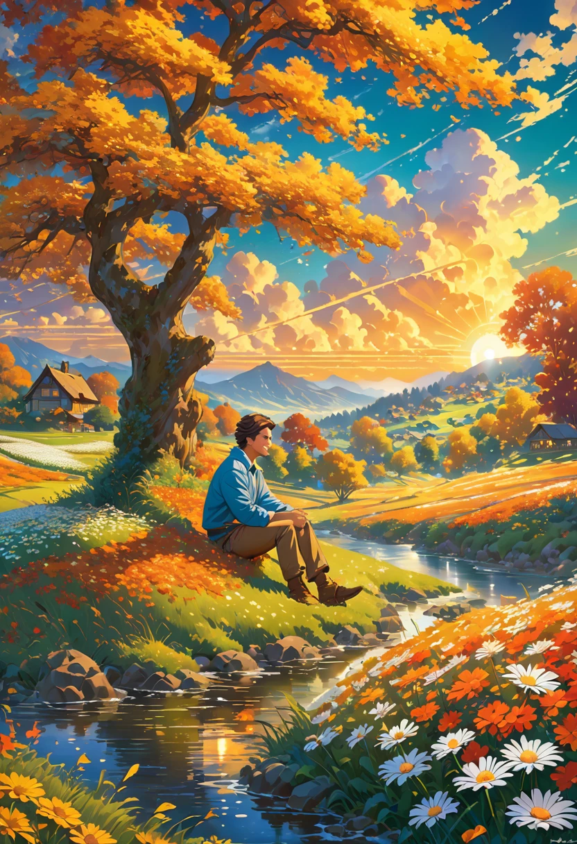 fondo de pantalla de arte anime 8 K, fondo animado art, Fondo De Pantalla De Paisaje De Anime, ANIME MASTERPIECE - Creates an image of a serene, sunlit rural scene in vibrant, detailed anime style. The scene is a boy sitting next to a tree in an autumn meadow, looking at a vast golden sky with white clouds, an incredible sunset, tall green grass, daisy flowers, ULTRA Style Kilian Eng and Thomas Kinkade, Rob Gonsalves and Tim White , Silvain Sarriel. Rhads and Thomas Kinkade, inspired by RHADS, cyril rolando and m.w kalut, cyril rolando and m. w kalut, rhads!!!