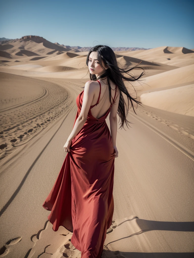 red skin, yellow eyes, long black hair, wearing red dress with thin cloth carried by the wind, walking on the desert