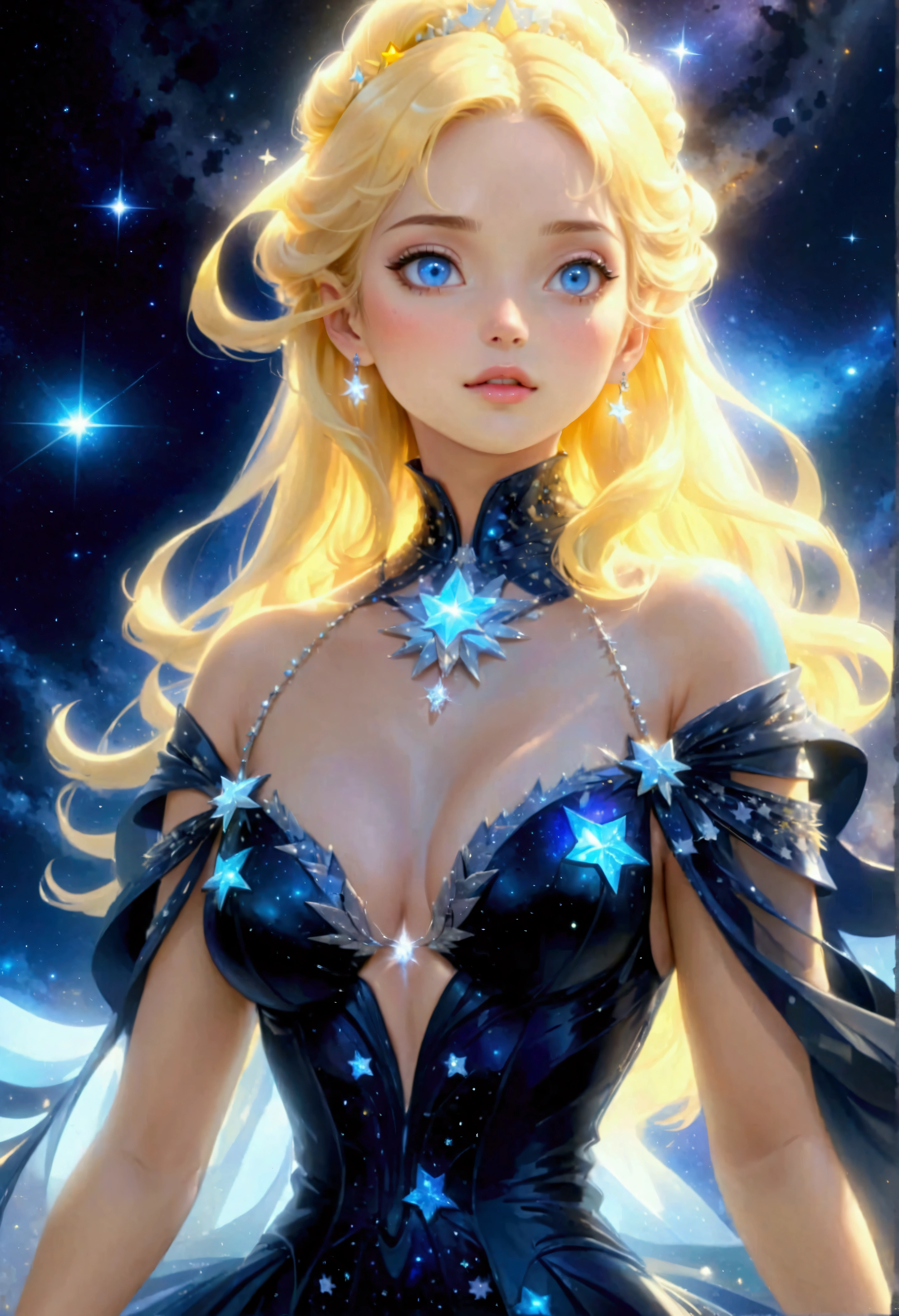 a glamour picture shot, of an elite model covered in stars, walking on a (dark catwalk: 1.2), an extraordinary glamourous elite female model, ((full body: 1.5)),  ((anatomically correct: 1.5), (ultra detailed face: 1.2), best detailed face, yrllow hair, long hair, lush hair, glam hair cut, blue eyes, delicate face, light make up, wearing intricate detailed dress, glamour dress, haute couture dress, elite fashion dress, black as night dress, decorated with bright stars, starlight,  small cleavage, wearing high heels, elegant high heels, she wears diamond necklace, she is glows in a soft starry light, she walks on asteroid catwalk, elite fashion show background, vibrant, Hyperrealism style, vibrant, Ultra-high resolution, High Contrast, (masterpiece:1.5), highest quality, Best aesthetics), best details, best quality, highres, ultra wide angle, 16k, [ultra detailed], masterpiece, best quality, (extremely detailed) RAW, chumbasket art style, photograph, photograph