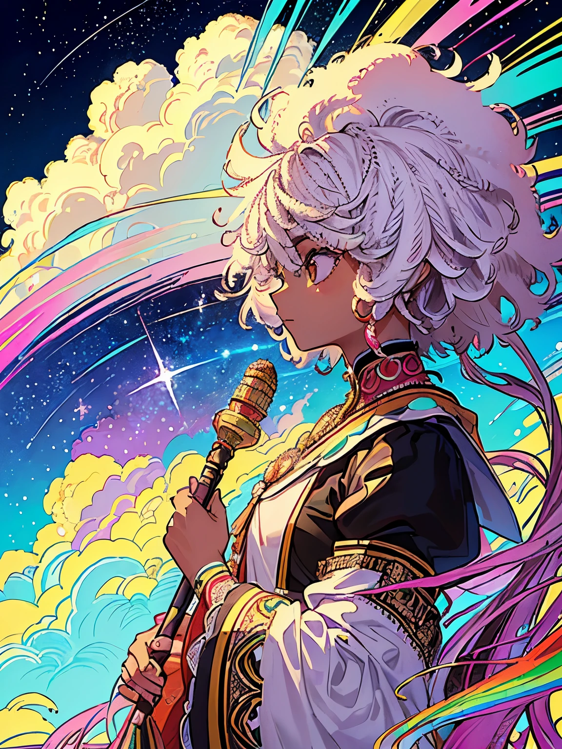 (masterpiece、Highest quality、Highest quality、Afrocentricpaiting(Afro)、African American Official Art、Beautiful and aesthetic black skin:1.2)、(One Girl:1.3)、(Fractal Art:1.3)、Upper body、From the side、Looking at the audience、pattern、(Rainbow Hair、Colorful Hair、African Ink、cloud、Starry Sky、performer、Rough Kanji、