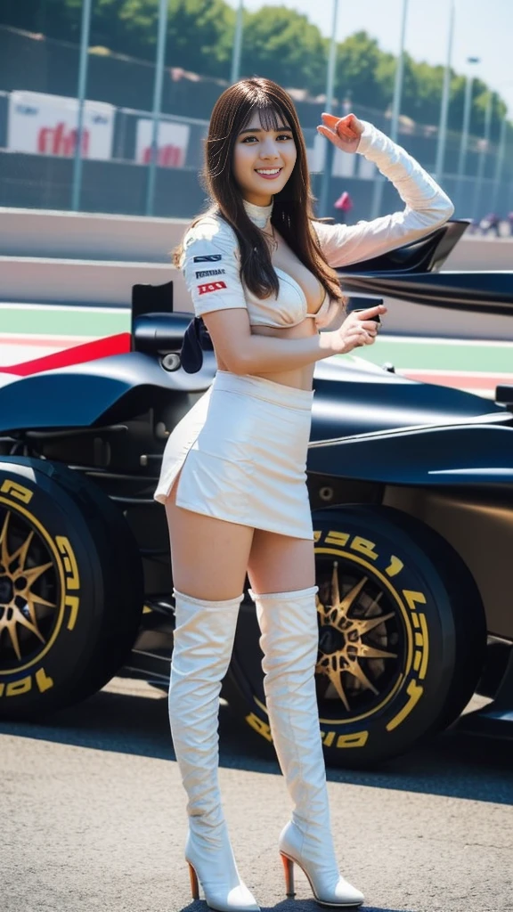 (1 nogizaka girl,brown hair, realistic,High quality, Ultra detailed, best quality, look at viewer,Japanese, 20 years old,colorful costume, mini skirt,hot pants,race queen,,(showcasing cleavage),open chest, thigh boots, (spread legs:0.8), from below, ass pov, on circuit track, (masterpiece),((Knee-high boots)),(Metallic red outfit),standing knee pose,(Jump)
photo realistic, masterpiece, best quality, 
sunshine, city road,1girl, gold light particles effect,motorsports model, grid girl, cute eyes, beautiful face, thick,open chest, thigh boots, (spread legs:0.8), from below, ass pov, on circuit track, (masterpiece), (photo realistic:1.2),(((Gun pose)))、 extremely detailed, ultra high res, resolution、Highest quality、masterpiece、high resolution、8k:1.4)、((Grid Girl Costumes、Accentuate your breasts、Cowboy Shot:1.24))、(Kodak Portra 800 Film SMC Takumar 35mm F/ 2. 8 50 seconds:1.1)、(RAW Photos、Realistic、Clear photos:1.4)、One Japanese woman、Beautiful woman、Race Queen、Highly detailed eyes and face、Natural Makeup、A ruddy complexion、Dark brown eyes、Detailed Hair、20 year old Japanese woman、Mid-chest、(Auto Racing Track、On the circuit、San Marino Grand Prix:1.37)、Looking at me with a smile、Wearing high heels、Beautiful feet、Perfect proportions、Semi-long hair、Light wavy hairstyle、Dynamic pose、Perfect limbs、Anatomically correct、mini skirt、(View Formula One Cars、Racing Car:1.2)、(Nipple Covers)、((See-through))