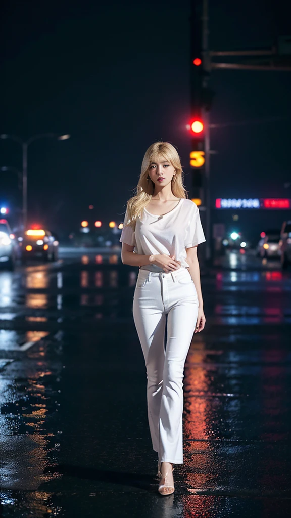 (photograph realistic:1.4), ((midnight、top-quality、8k、masterpiece:1.3)), full bodyesbian, long legs, foco nítido:1.2, Beautiful korean idol with perfect body shape:1.4, wet body, high heels ((flowy blonde hair、braless、colossal breasts:1.2)), (casual white tight shirt with o-neck short-sleeve, jeans flare long pants, is standing:1.2), ((Night City View、heavy rain、On the street:1.3)), finely detailed eyes and detailed face, film gain, vintage effects