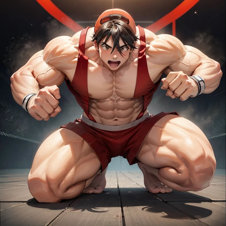 (A detailed drawing of red with a red baseball cap on his head , Bodybuilding-Fitnessstudio.), With a naked torso, oiled body, Ripping clothes, the strongest of all, huge muscular body, big Bizeps, big shoulders, Muscle legs,abs, Barefoot, Martial arts, high step, Full body image, Side chest, mma fight won , mma, mma gloves, octagon fight