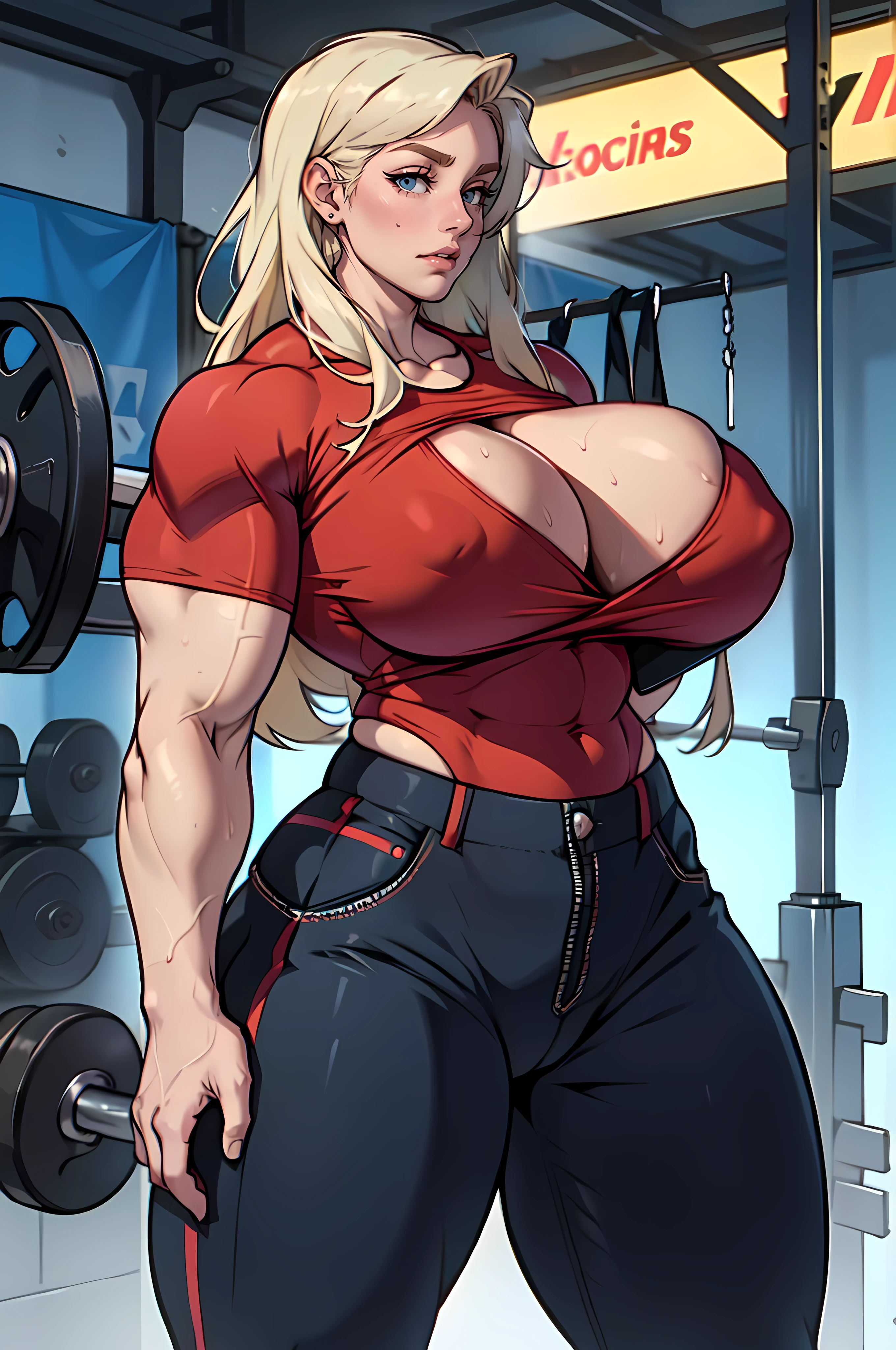 1girl tall solo ((Sexual Erotic Massive Female Bodybuilder)) (huge breasts:1.7) extremely long hair perfect anatomy curvy tight shirt tight pants cowboy shot