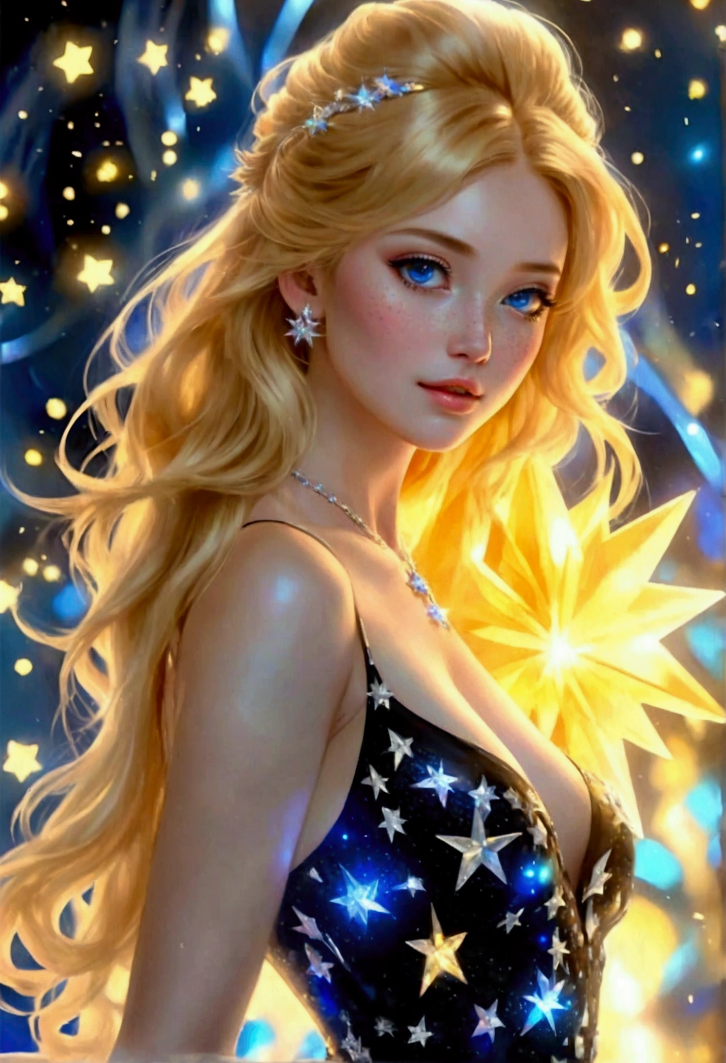 a glamour picture shot, of an elite model covered in stars, walking on a (dark catwalk: 1.2), an extraordinary glamourous elite female model, ((full body: 1.5)),  ((anatomically correct: 1.5), (ultra detailed face: 1.2), best detailed face, yrllow hair, long hair, lush hair, glam hair cut, blue eyes, delicate face, light make up, wearing intricate detailed dress, glamour dress, haute couture dress, elite fashion dress, black as night dress, decorated with bright stars, starlight,  small cleavage, wearing high heels, elegant high heels, she wears diamond necklace, she is glows in a soft starry light, she walks on (asteroid catwalk: 1.2), elite fashion show background, vibrant, Hyperrealism style, vibrant, Ultra-high resolution, High Contrast, (masterpiece:1.5), highest quality, Best aesthetics), best details, best quality, highres, ultra wide angle, 16k, [ultra detailed], masterpiece, best quality, (extremely detailed) RAW, chumbasket art style, photograph, photograph