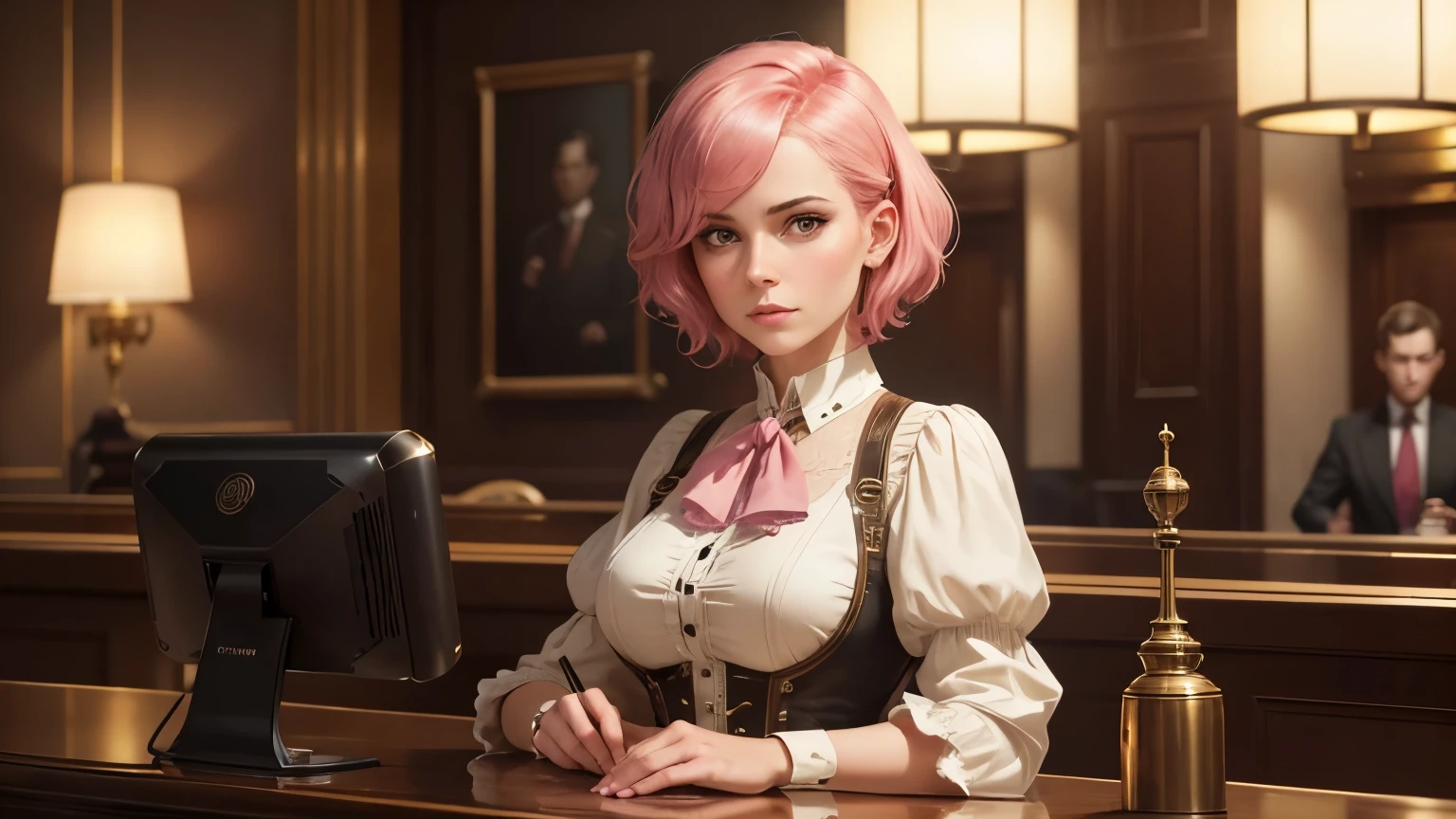 Louise, the receptionist: A new character named Louise, she has short pink hair and a . She is wearing professional receptionist attire, including a stylish blouse and skirt in the steampunk style, similar to the attire in the provided image. The setting is an elegant hotel lobby in the style of GroundTown, with intricate steampunk decor, gears, and brass accents. Louise is seated behind the reception desk, ready to assist guests. Oil painting style, beautiful perfect face, soft skin, complex details, 8k resolution, masterpiece quality, cute face, welcoming and professional demeanor, in an elegant steampunk hotel lobby.